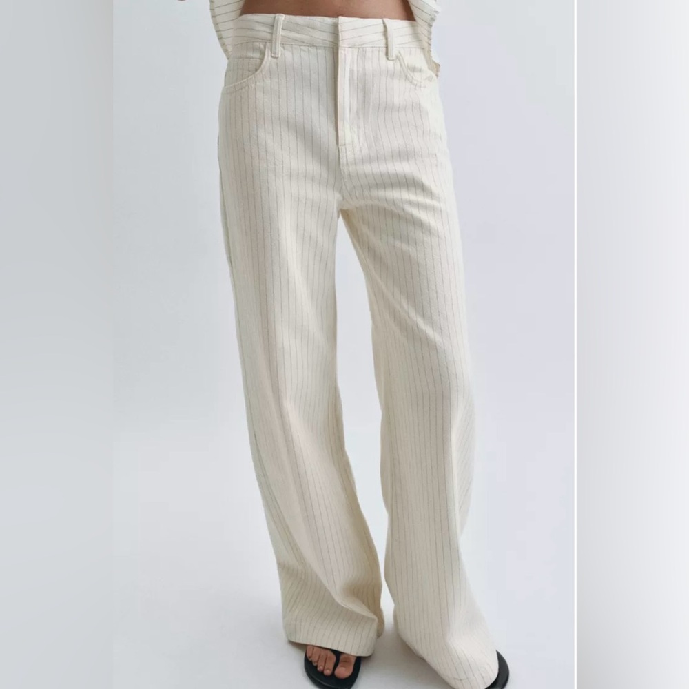 Zara Cream Pinstripe Trousers with Navy Stitching